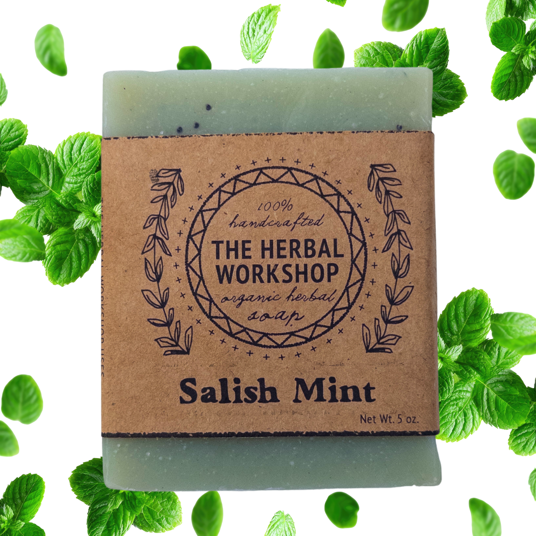 Bar of soap with 'The Herbal Workshop' "Salish Mint" label on a white background with mint leaves.