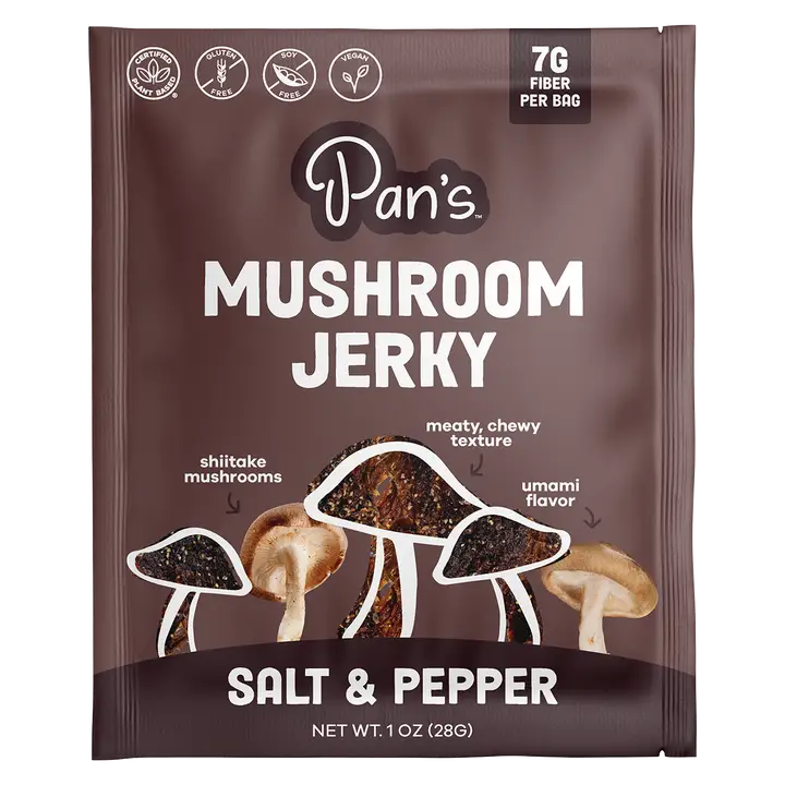 Packaging of Pan's Mushroom Jerky with mushroom illustrations on a brown background