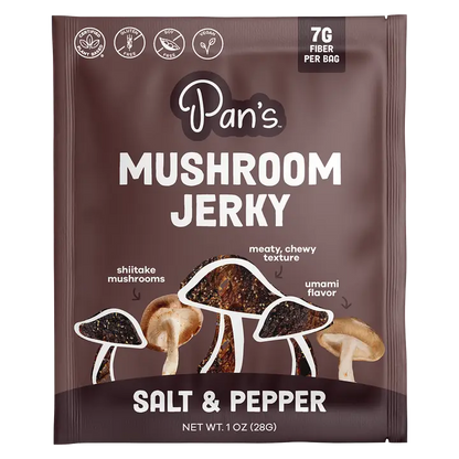 Packaging of Pan's Mushroom Jerky with mushroom illustrations on a brown background