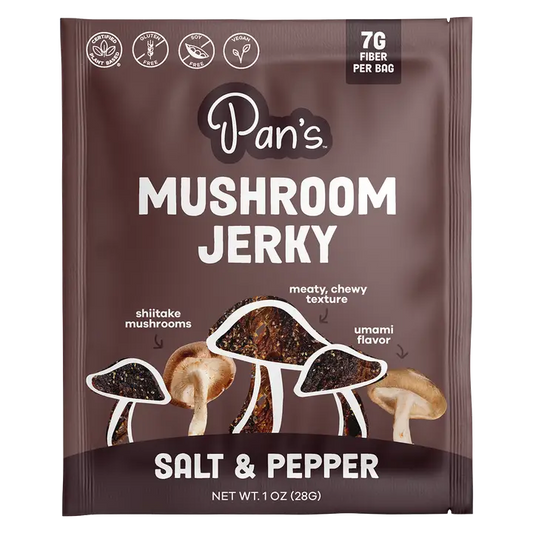 Packaging of Pan's Mushroom Jerky with mushroom illustrations on a brown background