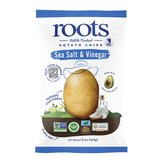 Package of Roots Sea Salt & Vinegar potato chips on a white background