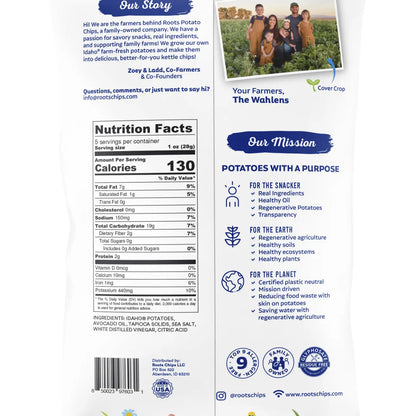 Back of a potato chip packaging with nutritional information, farmer's story, and mission statement.