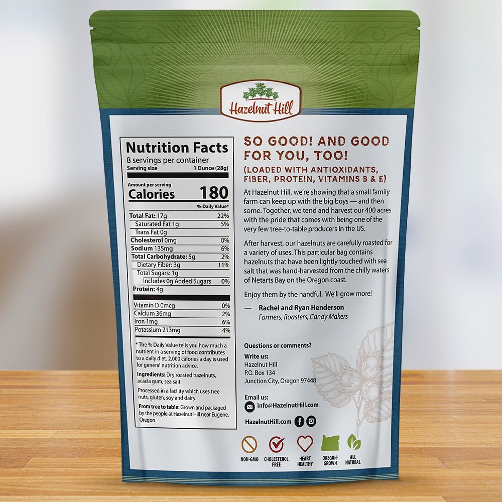 Back of packaging for salted hazelnuts with nutrition facts