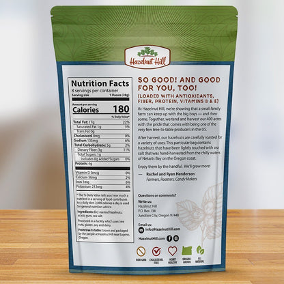 Back of packaging for salted hazelnuts with nutrition facts