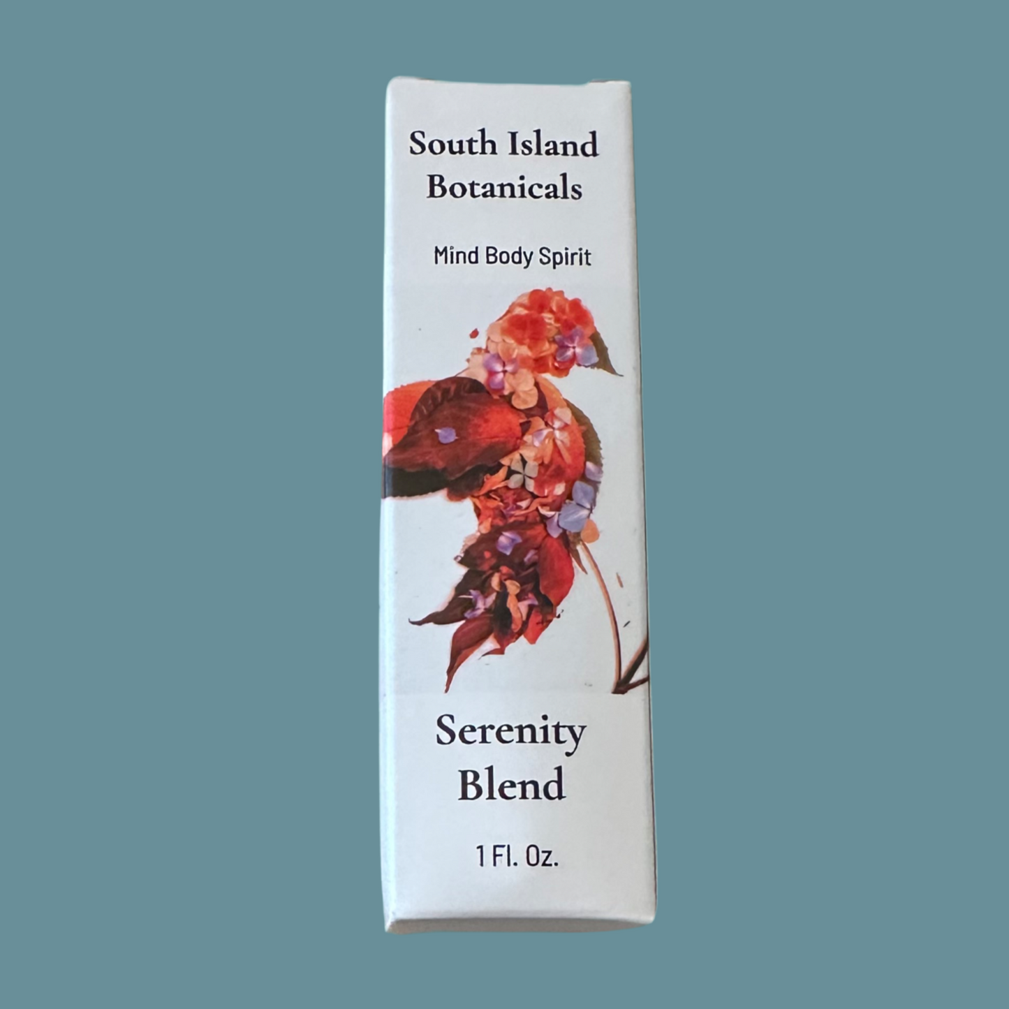South Island Botanicals Serenity Blend packaging on a teal background