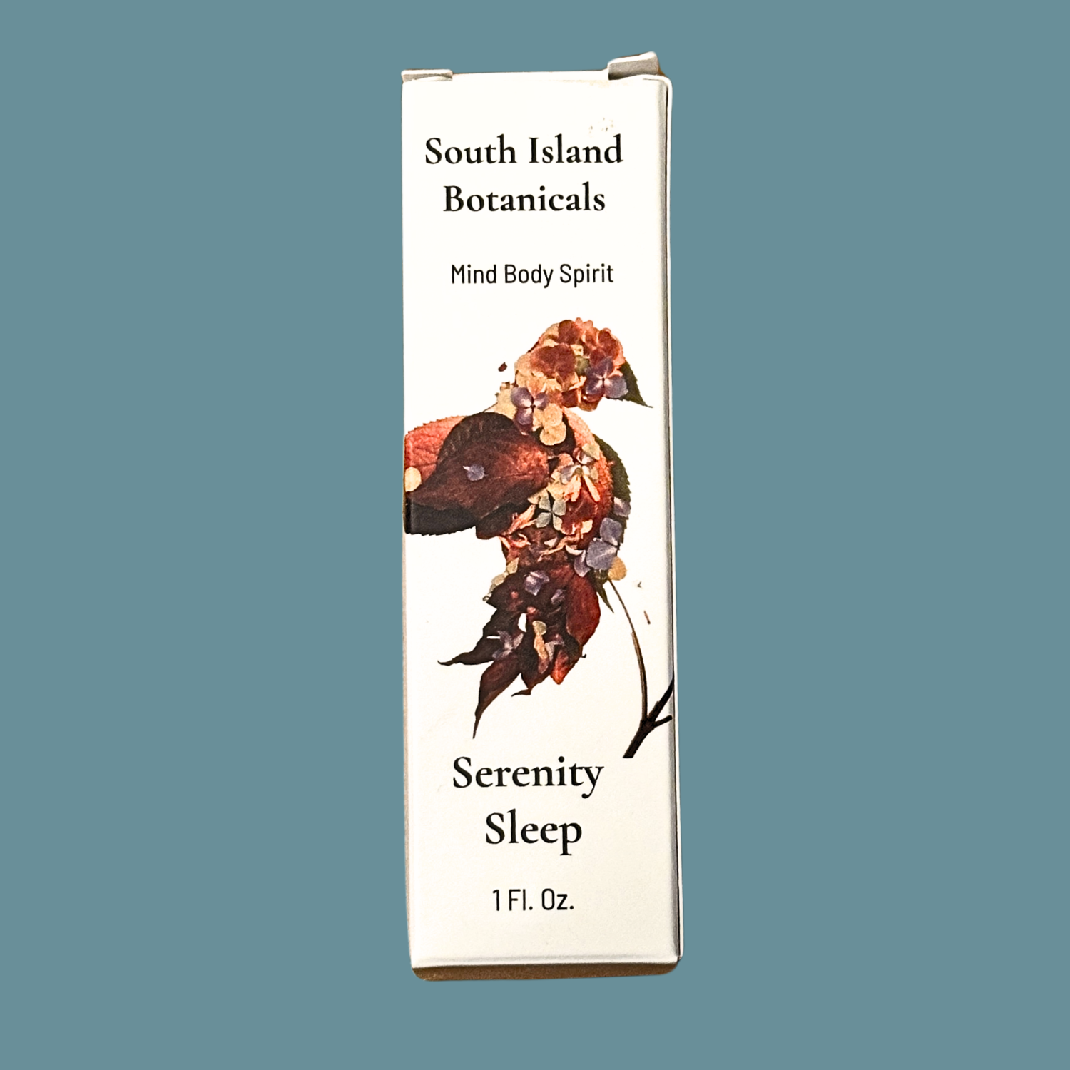 South Island Botanicals Serenity Sleep product packaging on a teal background