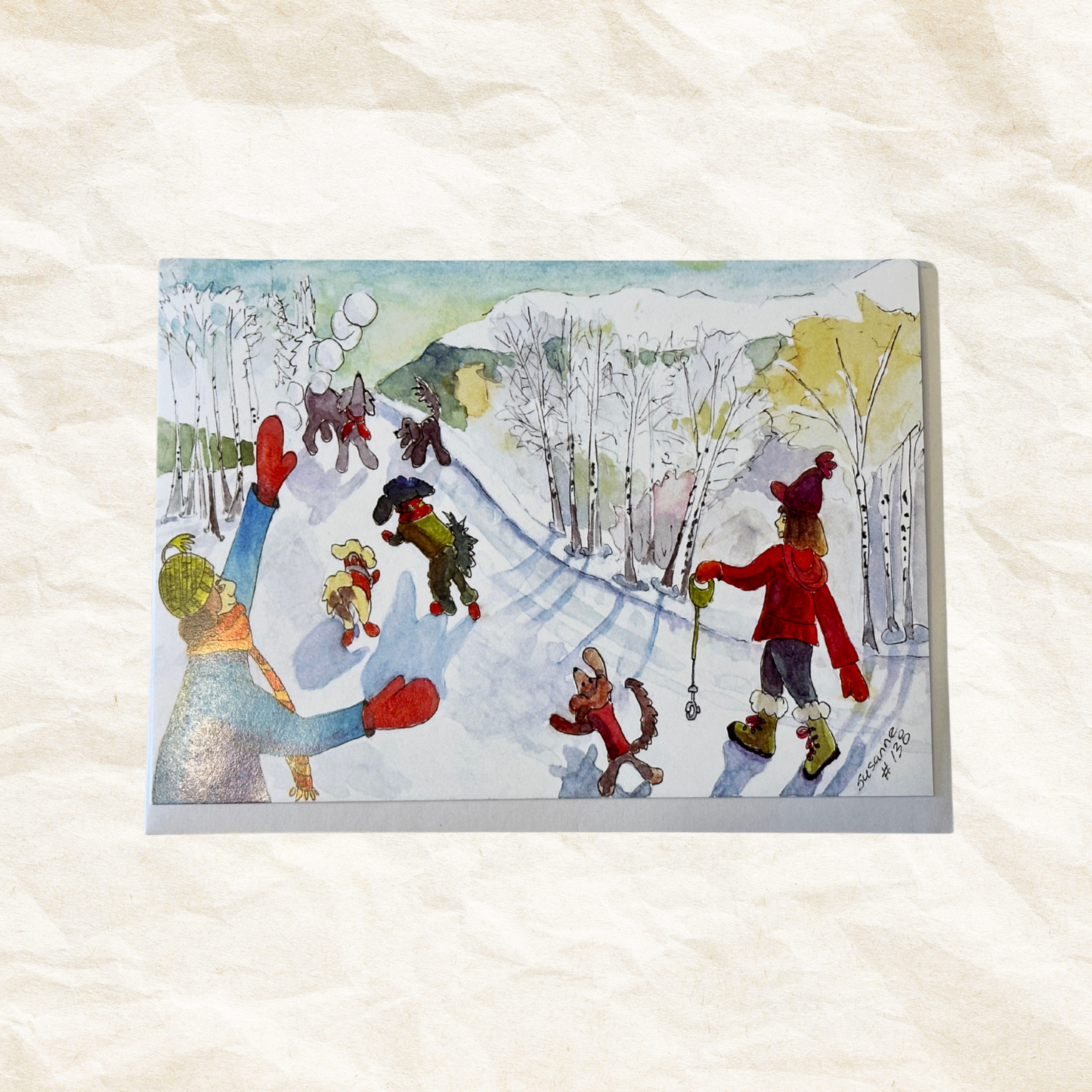 Illustration of people and dogs in a snowy landscape on a textured white background