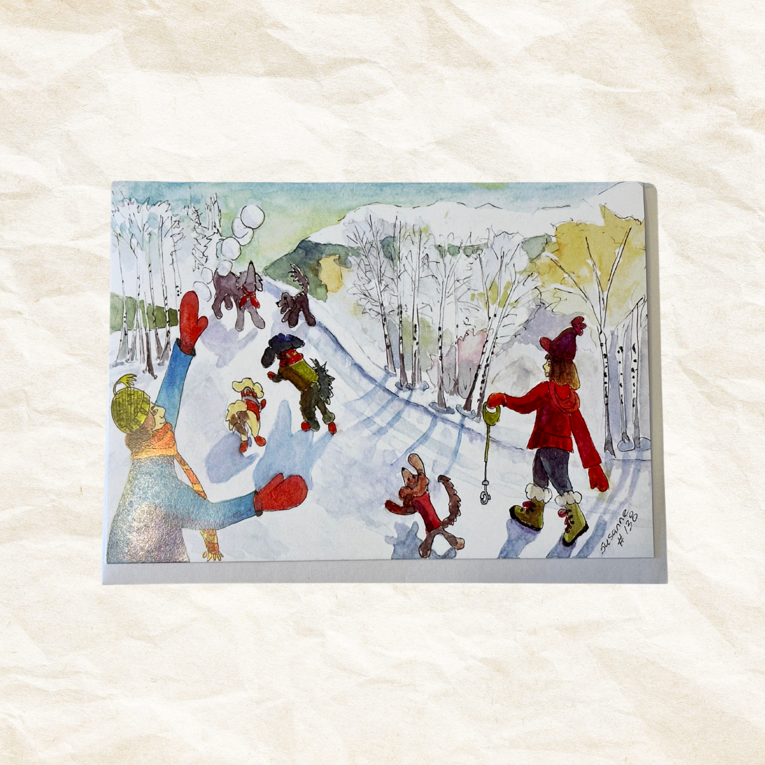Illustration of people and dogs in a snowy landscape on a textured white background