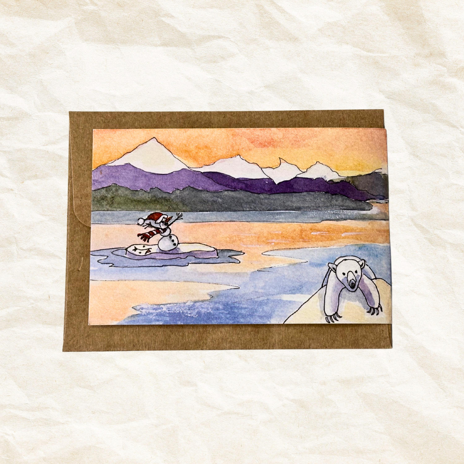 Illustration of a polar bear and snowman on ice with mountains in the background, on a textured white surface.