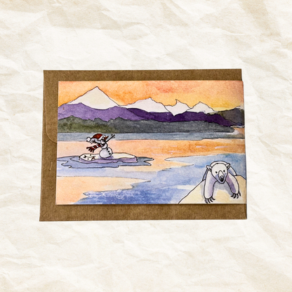 Illustration of a polar bear and snowman on ice with mountains in the background, on a textured white surface.
