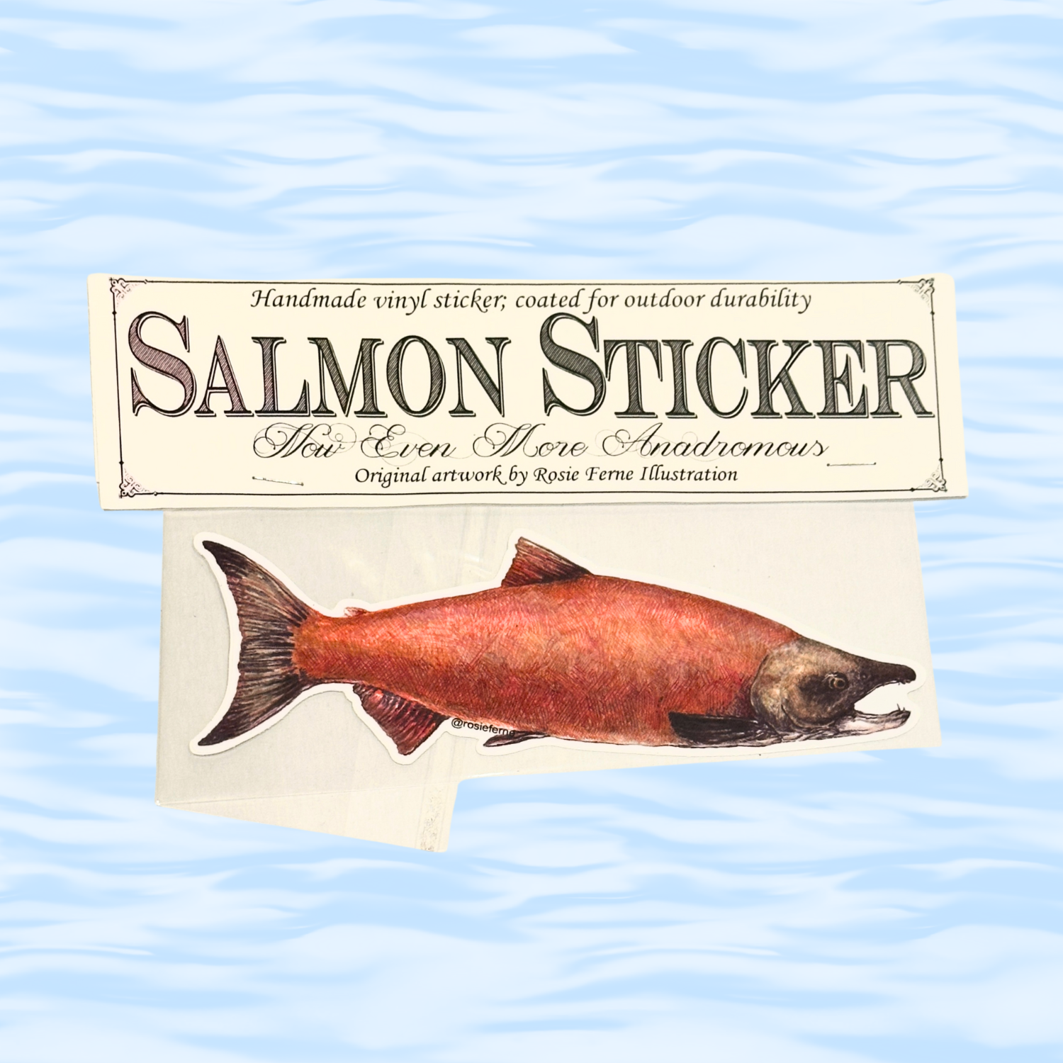 Salmon-shaped sticker on a card with text about the product on a wavy blue background