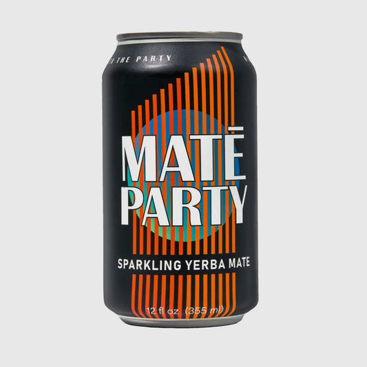 A can of Maté Party Sparkling Yerba Mate, with black and orange color scheme, indicating it is a carbonated yerba mate beverage.