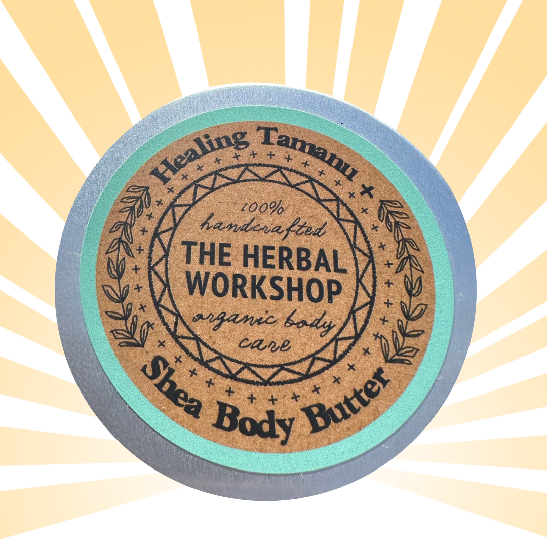 Round label for Healing Tamani The Herbal Workshop Shea Body Butter on a sunburst background