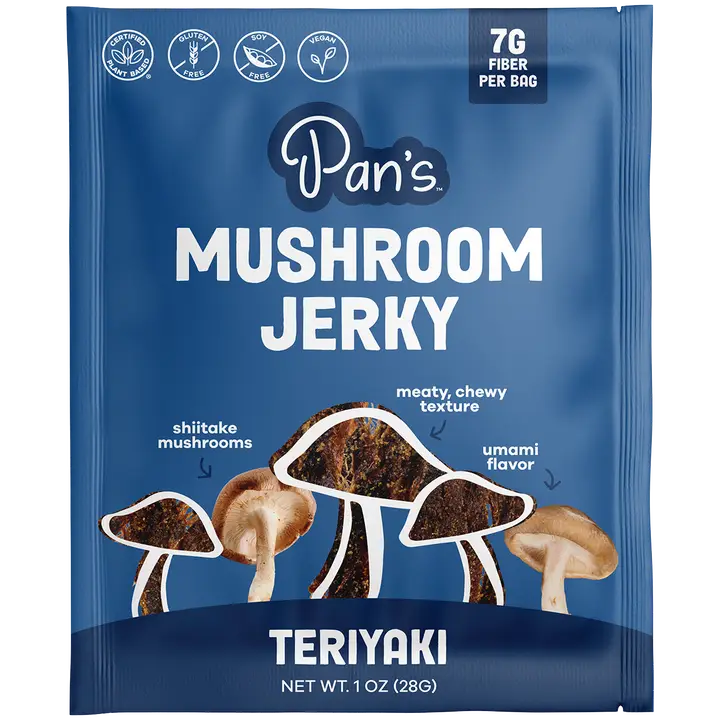 Blue package of Pan's Mushroom Jerky Teriyaki flavor on a white background