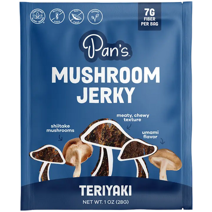 Blue package of Pan's Mushroom Jerky Teriyaki flavor on a white background