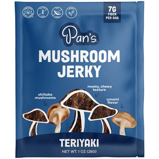 Blue package of Pan's Mushroom Jerky Teriyaki flavor on a white background