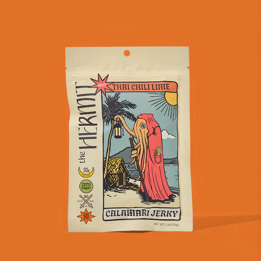 Calamari jerky package with illustration on an orange background