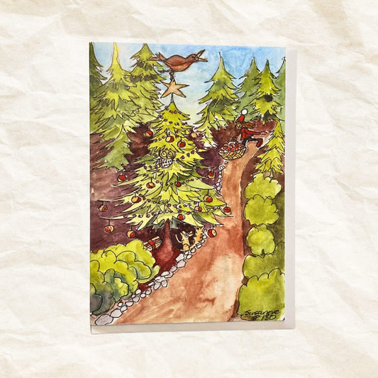 Illustration of a forest path with trees and animals on a textured white background