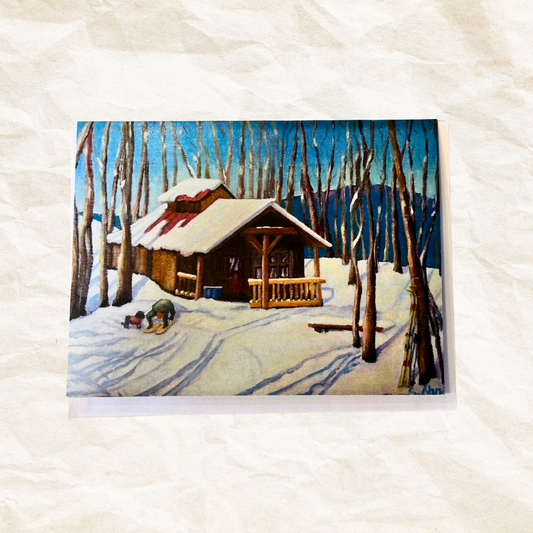 Winter scene with a cabin and trees on a textured white background