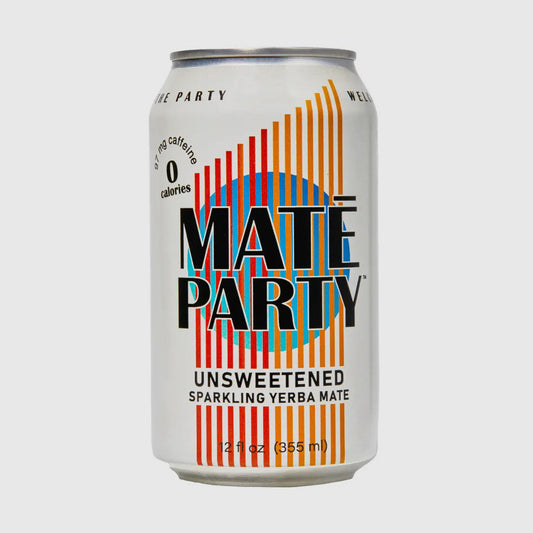 A can of Maté Party Unsweetened Sparkling Yerba Mate, with colorful geometric patterns and product information.
