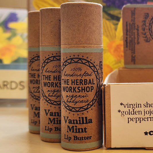 Vanilla mint lip butter with packaging displaying ingredients