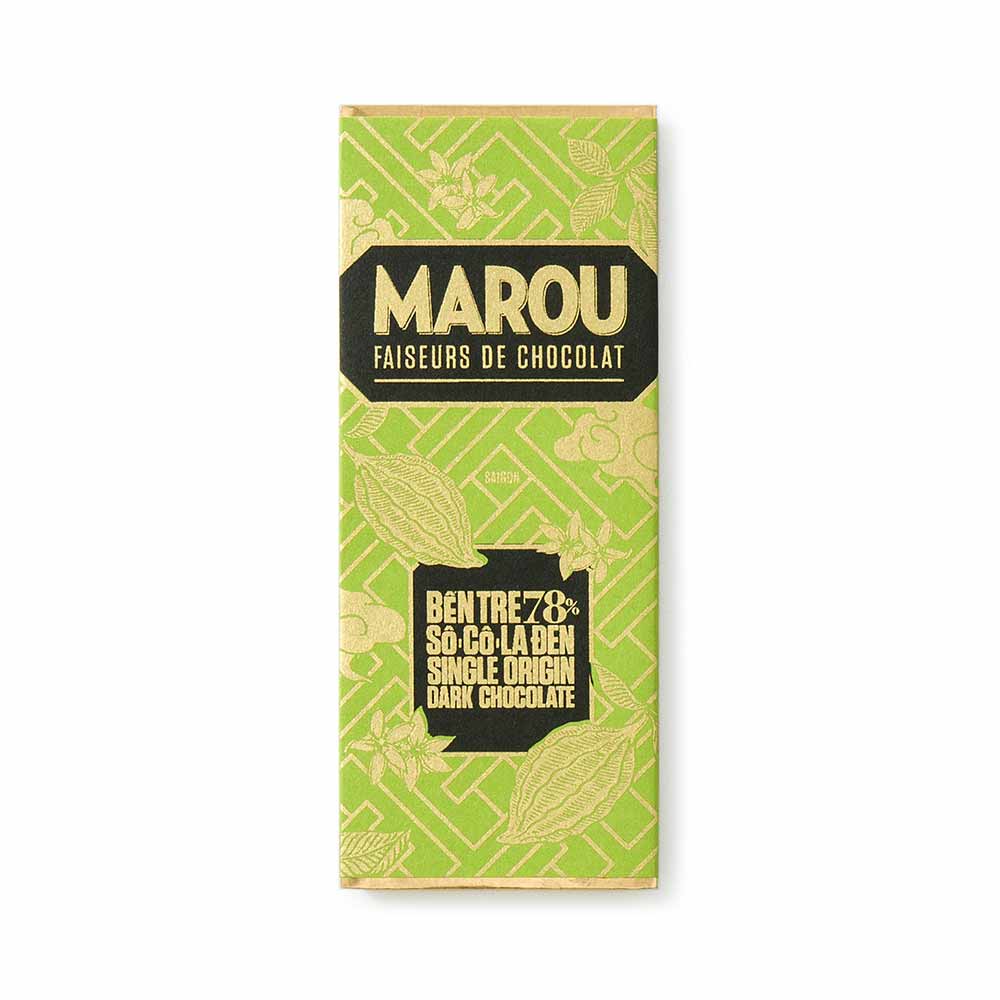 Marou chocolate bar packaging with green and gold design on a white background