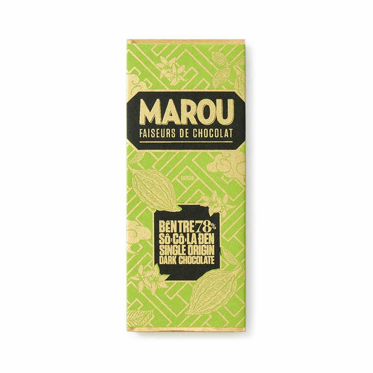 Marou chocolate bar packaging with green and gold design on a white background