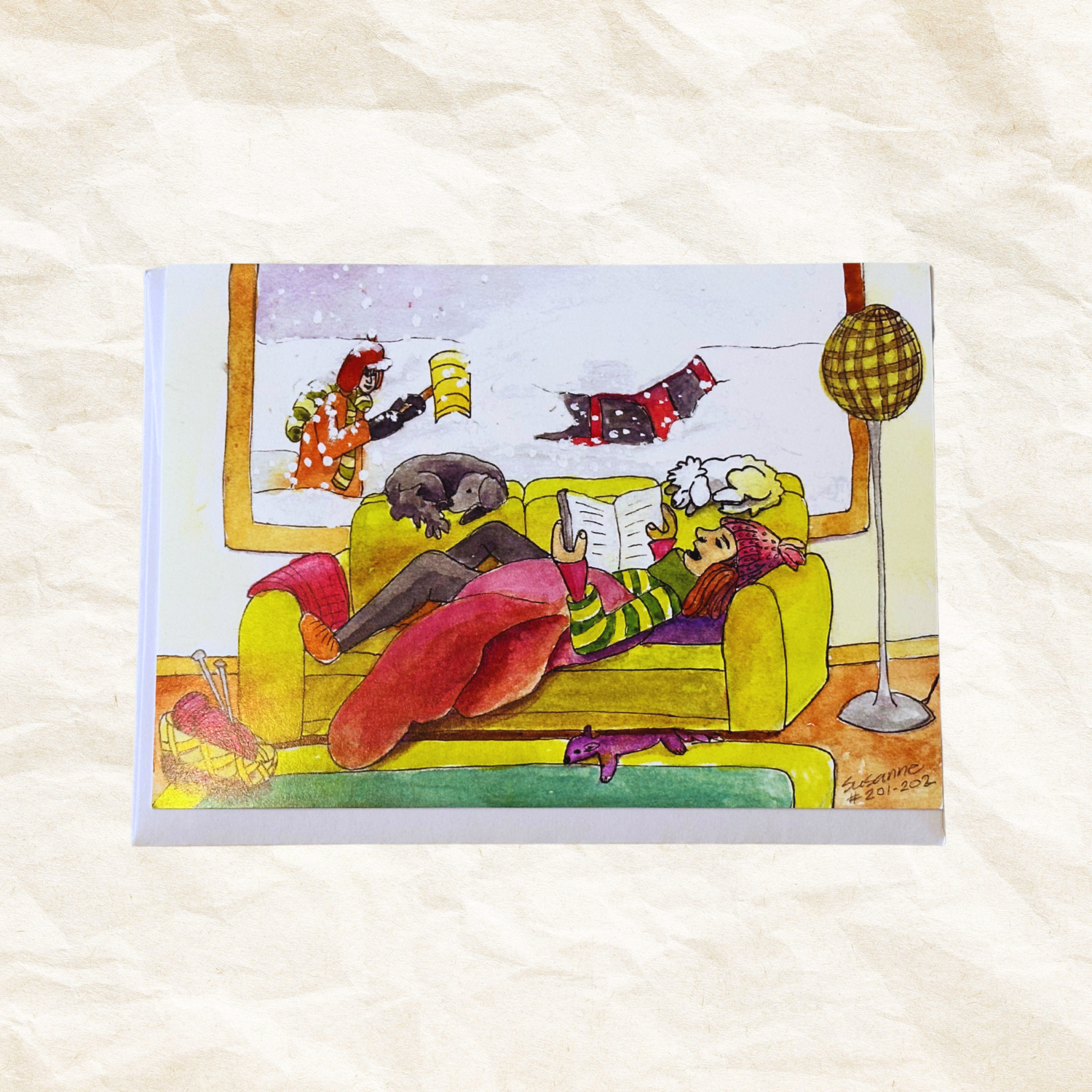 Illustration of a person reading on a couch with dog in the background.