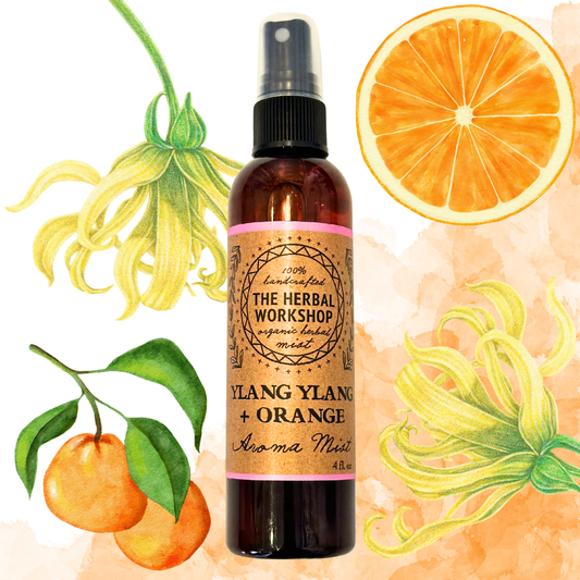 Bottle of Ylang Ylang + Orange Aroma Mist from The Herbal Workshop with ylang ylang and orange illustrations.