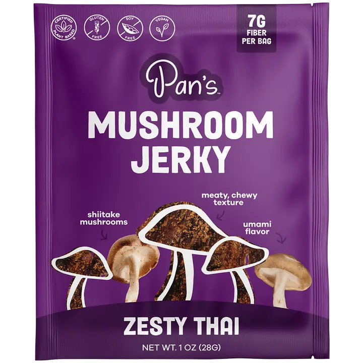 Purple package of Pan's Mushroom Jerky with mushroom illustrations on a white background