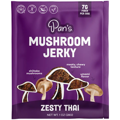 Purple package of Pan's Mushroom Jerky with mushroom illustrations on a white background