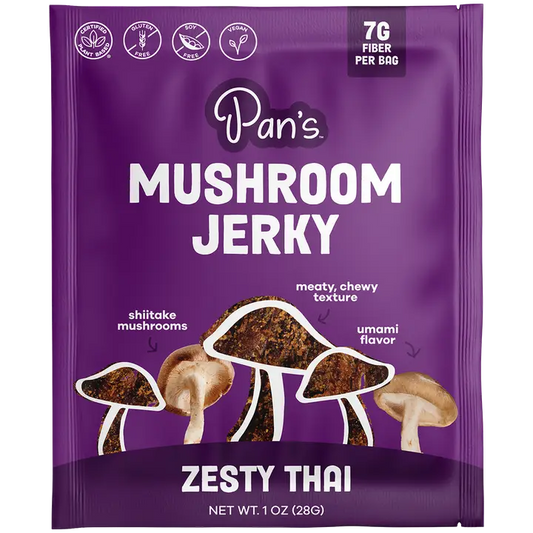 Purple package of Pan's Mushroom Jerky with mushroom illustrations on a white background