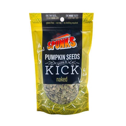 A package of Spunks brand roasted pumpkin seeds labeled 'Pumpkin Seeds with a Kick', indicating the flavor. The package is yellow with a transparent window showing the seeds inside.